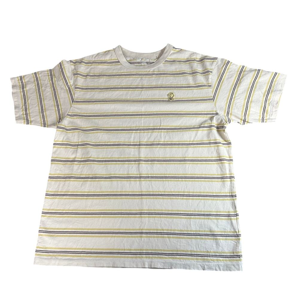 UT- Peanuts Sz Med Woodstock- Mens Casual Tee Shirt- White Yellow Brown Striped